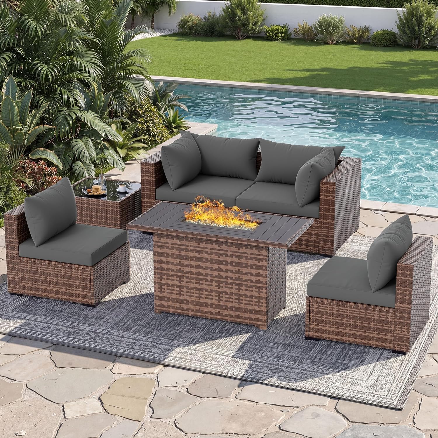Outdoor Furniture With Fire Pit - Set Divano Sezionale da Esterno a