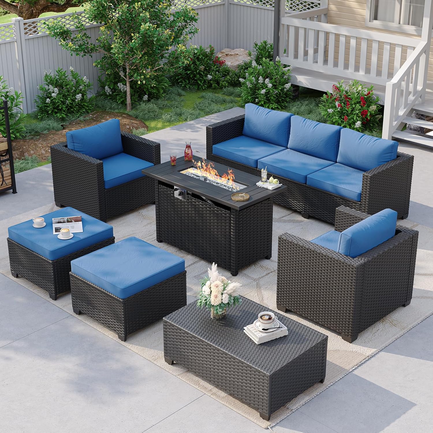Outdoor Furniture With Fire Pit - Divano Sezionale da Esterno Blu Navy